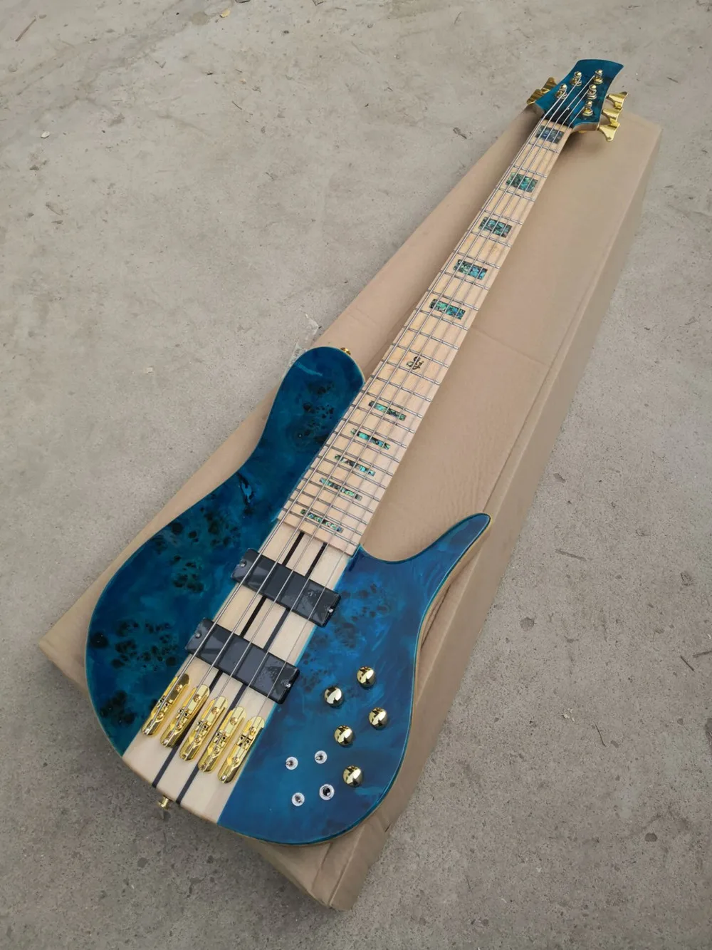 Blue Body 5 Strings Electric Bass Guitar with Gold Hardware, Maple Fretboard, Neck Through Body, Provide Customized Service