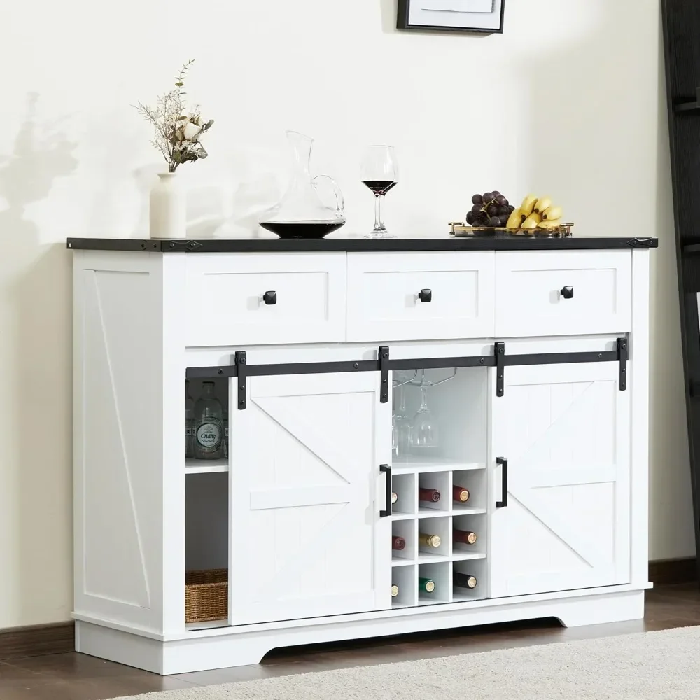 Farmhouse Wine Bar Cabinet, Kitchen Buffet Sideboard Coffee Table Storage with Sliding Barn Doors, Large  Liquor Cabinet