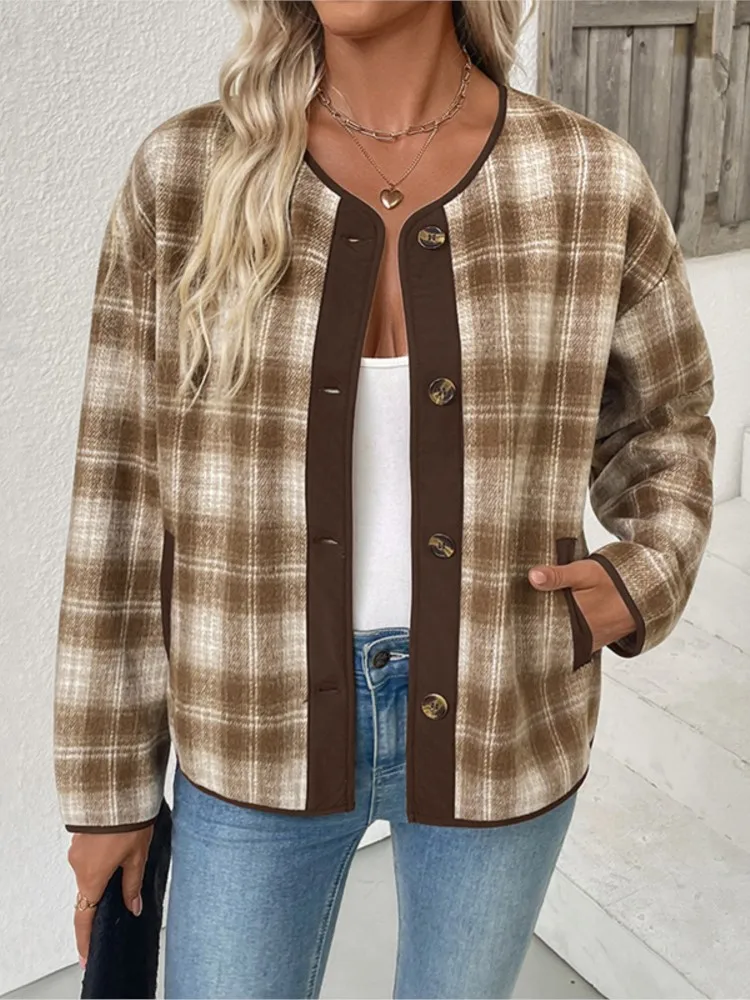 2025 Simple Style Outerwears Fall Clothes Coat Lattice Round Neck Long Sleeves Trendy All-match Fashion Vintage Casual Commuting