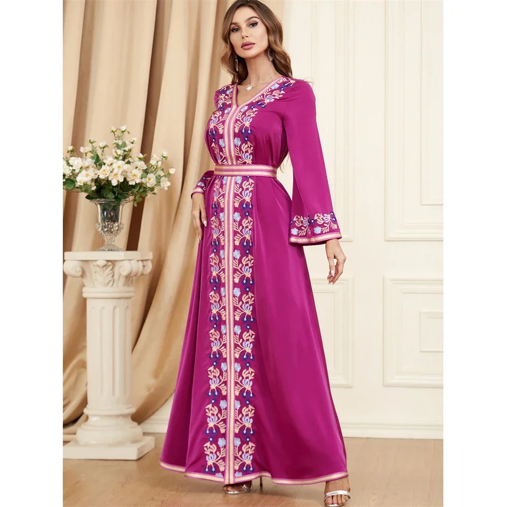 Elegant Floral Embroidery Long Dress Muslim Party Evening Jalabiya Abayas Caftan Women Dubai Autumn V-neck Dress Islamic Clothes