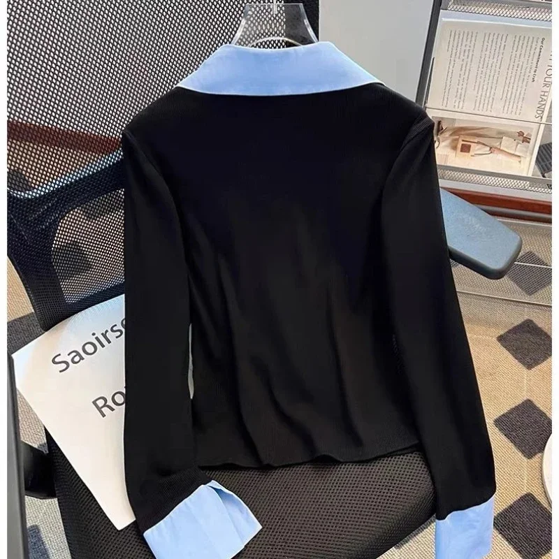 Customization Long Sleeve Temperament Contrast Patchwork Blouse Spring Autumn New Polo Neck Office Shirt Tops Elegant Fashion view 3