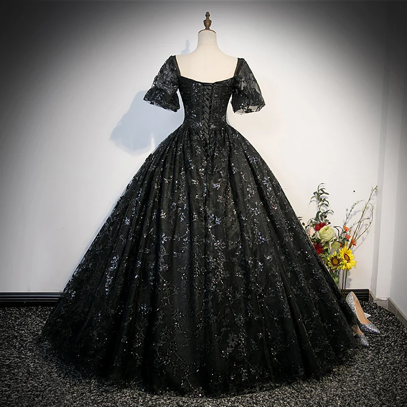 Y & M-Vintage Vestidos Quinceanera Preto, Luxo Beading Sequines, elegante Tulle Ball Gown, Faça Tamanho