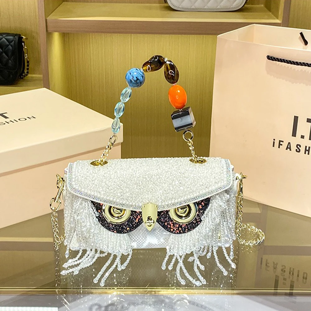 2024 Fashion Owl Diamond Chain Tassel Banquet Bag Luxury Shining Handmade Crossbody Bag for Women