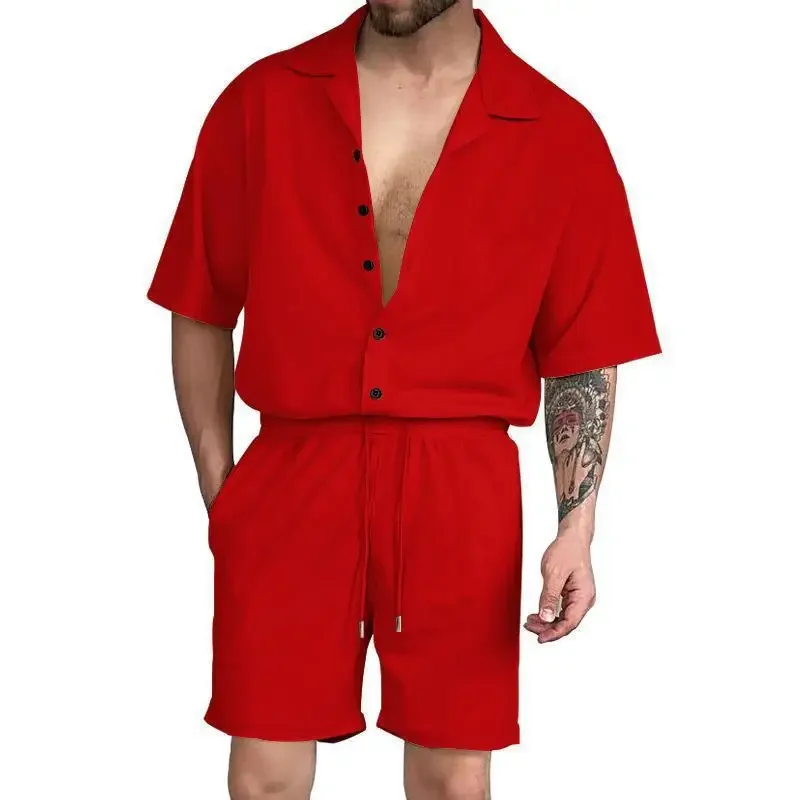 Fashion Men's Outfit Set Summer Beach Solid Short-sleeved Cardigan Shirt Shorts Suit Male Casual Suits Male Costumes Pour Hommes