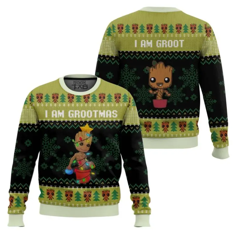 

Marvel superhero Groot Christmas Ugly Sweater Yellow Green Black Snowflake Christmas Tree Cute Personality Fashionable Cool