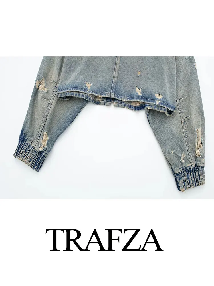 Trafza-デニムジャケット,婦人服,装飾,ショート,ファッショナブル,ラウンドカラー,長袖,ジッパー,ルーズ,秋