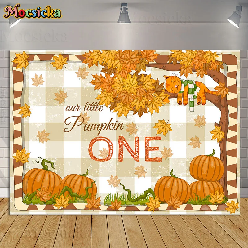 A Little Pumpkin One Birthday Party Photo Background Fall Maple Leaves Cat Cake Table Decor Banner Autumn Kids Portrait Backdrop