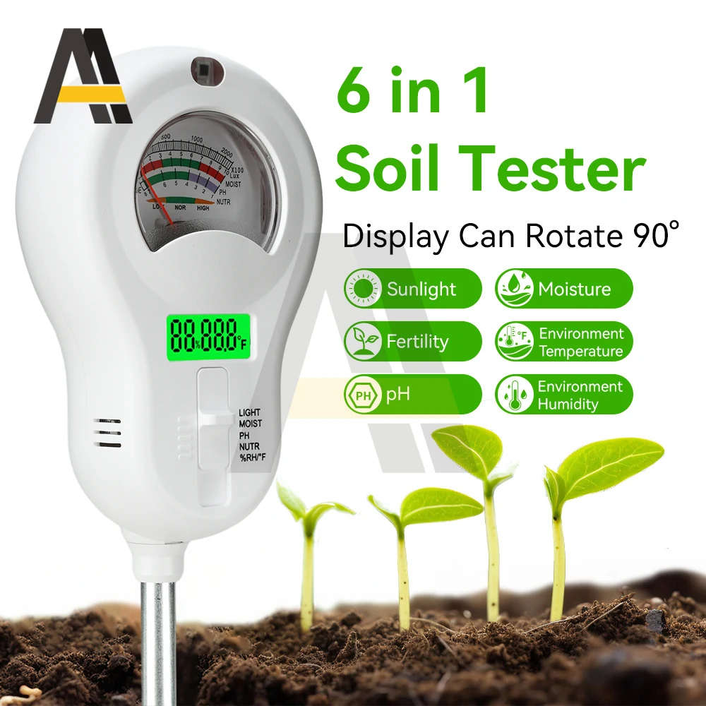 6 in1 다기능 디지털 토양 테스터 회전식 디스플레이 포함 pH 습도 온도 빛 수분 비옥도 측정