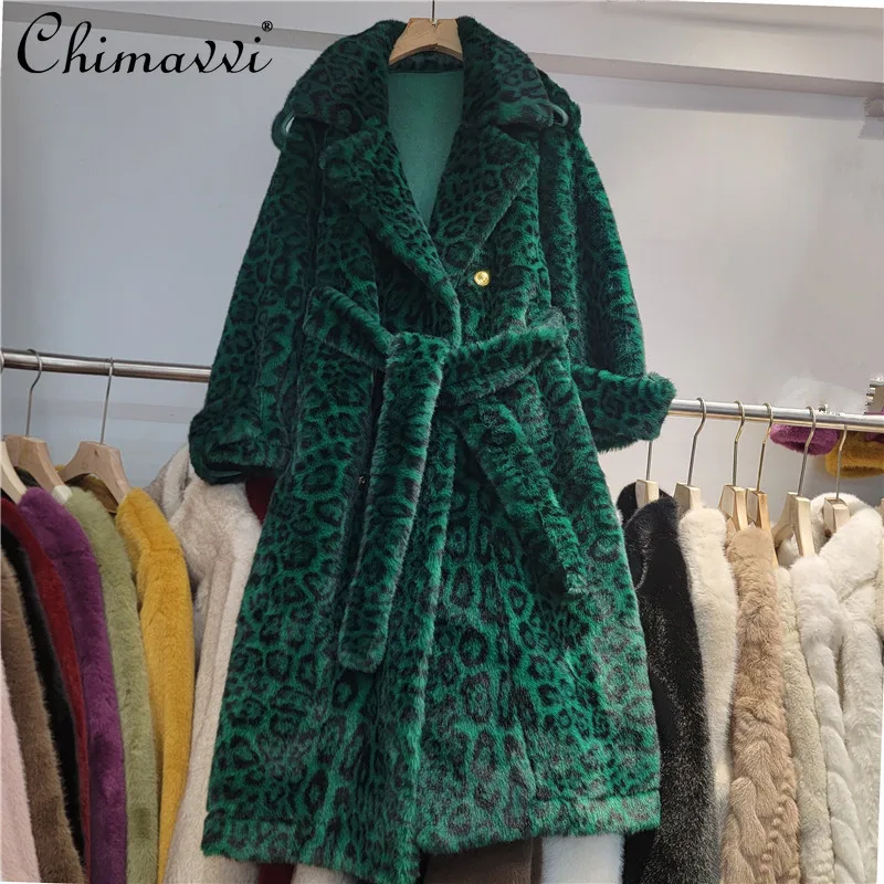 Autumn and Winter New Fashion Lapel Fur Imitation Mink Fur Jacket High-end Leopard Print Loose Warm Long Elegant Faux Fur Coat