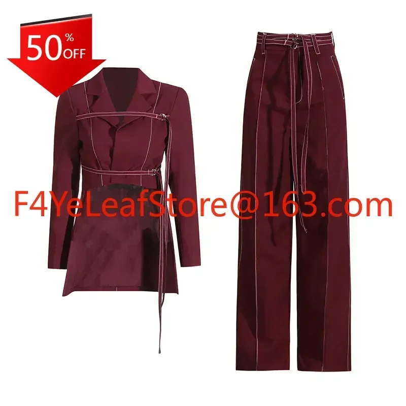 two-piece set of high-end irregular hem top + high-waisted lace-up trousers