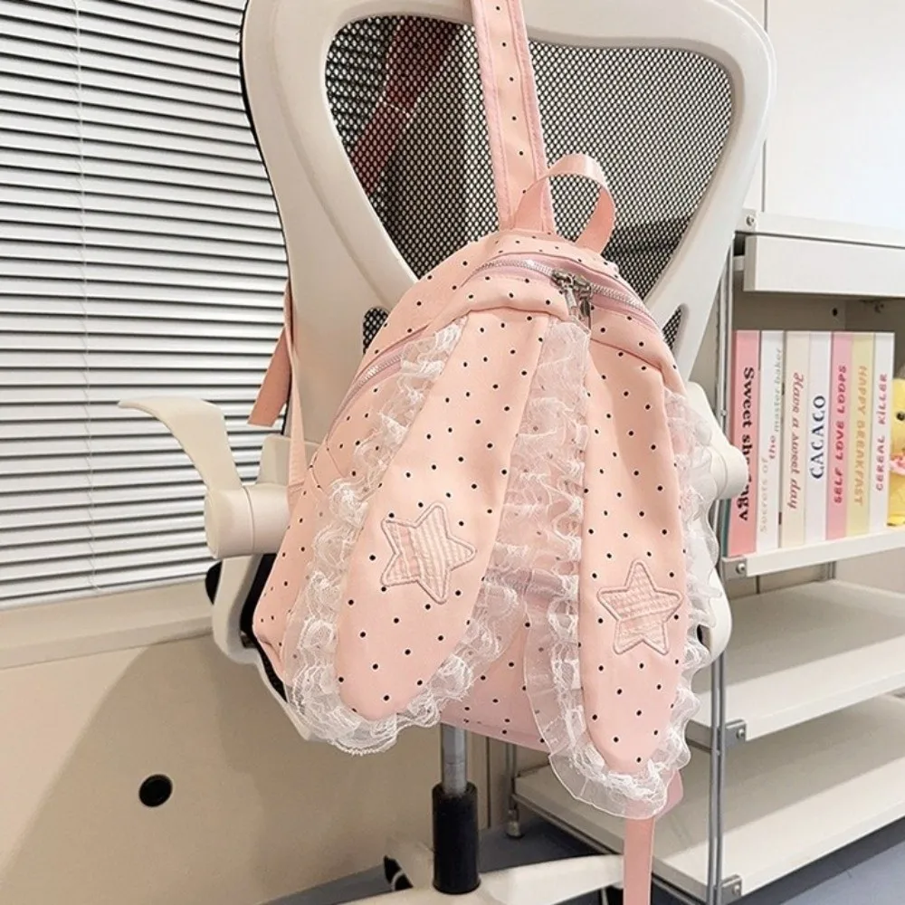 Sweet Star Bunny Ear Backpack Lace Love Heart Rabbit Ear School Bag Nylon Scratch Prevention Polka Dot Backpack Daily