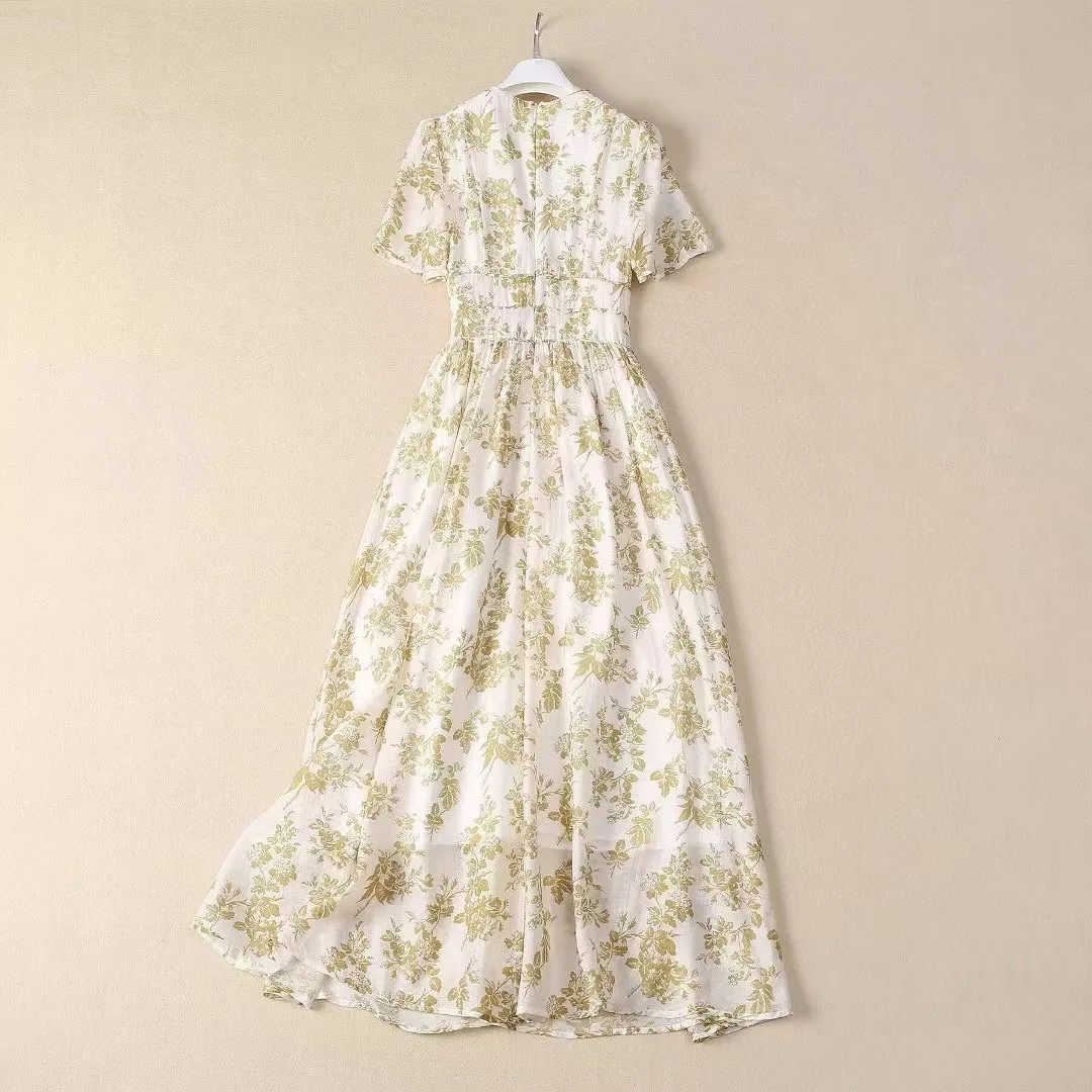 2024 Summer High Quality Women Dress Bohemian Chiffon Floral Print Tunics Disc Buckle V Neck Temperament Midi Dresses