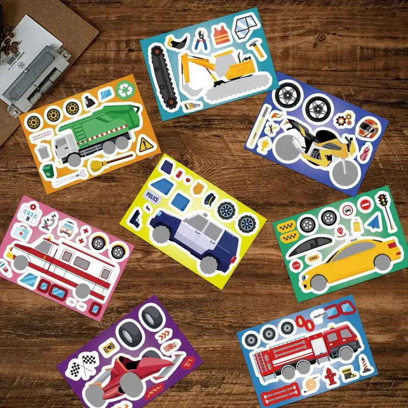 

8 листов DIY комбинированные наклейки для автомобиля мотоцикл экскаватор пожарная машина скорая помощь головоломка наклейки подарок