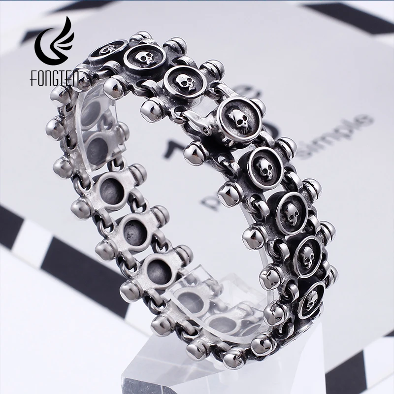 Fongten Gothic Skull Stainless Steel Bracelet For Men Silver Color Link Chain Charm Bangle Male Fashion Jewelry Wholesale