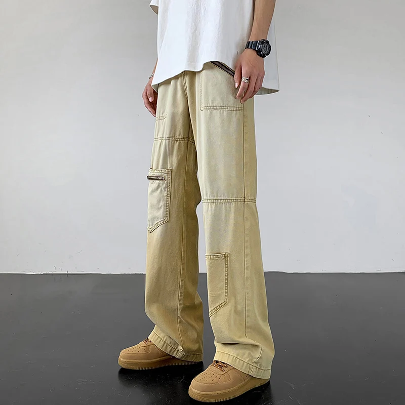 

Мужские летние джинсы в американском ретро-стиле, прямые, с эффектом потертости, классические синие, из денима, со средней посадкой, на молнии