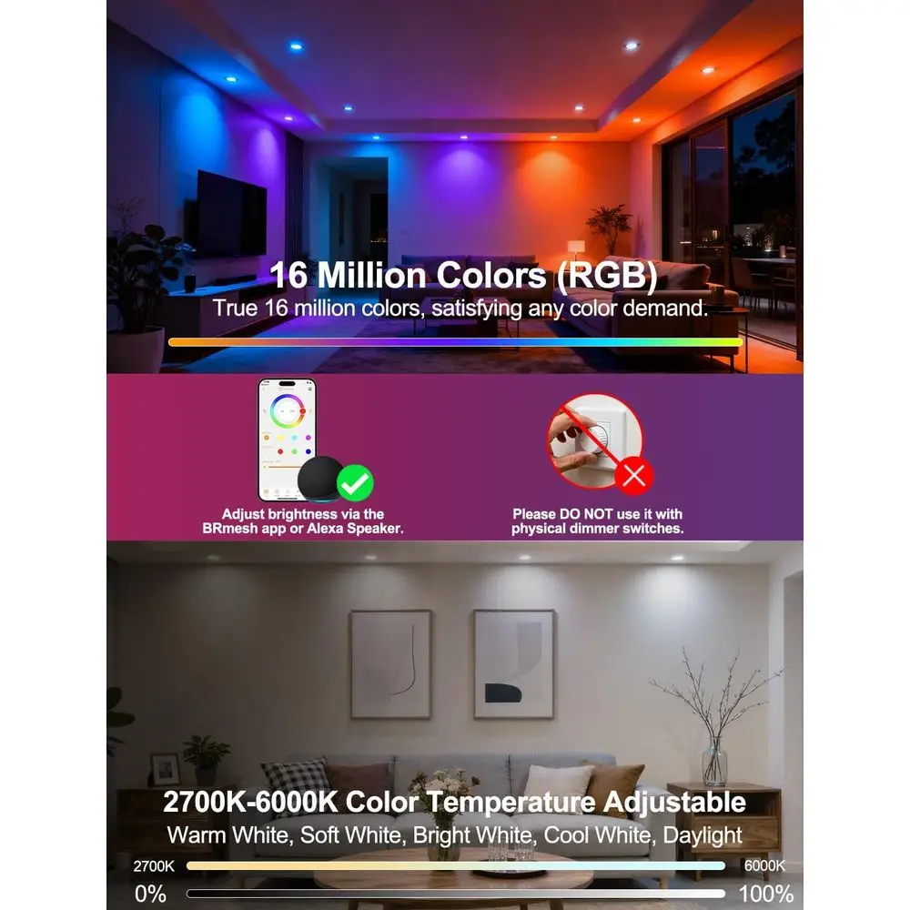 4 Inch LED Recessed Downlights, 10W, APP Controlled, RGB, 2700K-6000K, 100W Equivalent, Bluetooth MESH (6 Packs)