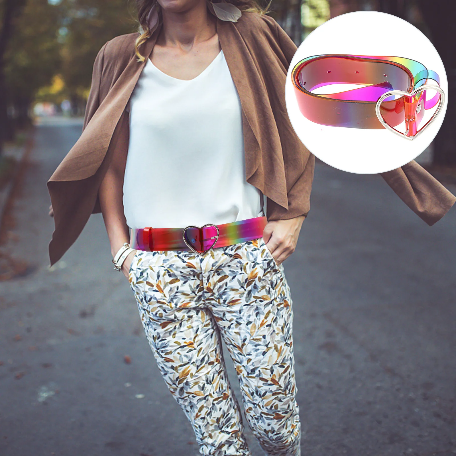 

1Pcs Women PVC Waist Belt Rainbow Heart Buckle Adjustable Length Fashion Waistband for Jeans Dress Women PVC Belt