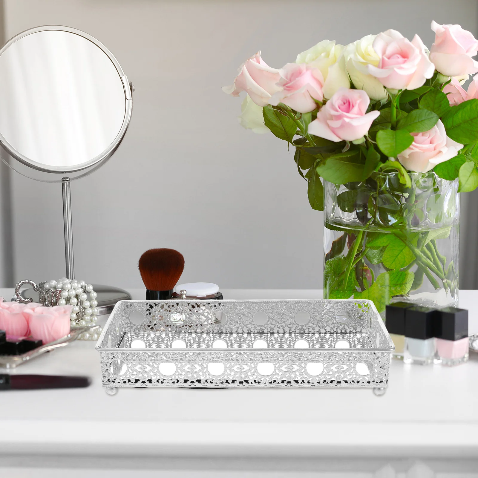 

Mirror Vanity Tray Metal Hollow Out Design Elegant European Perfume Organizer for Dresser Jewelry Storage Decorative Tray