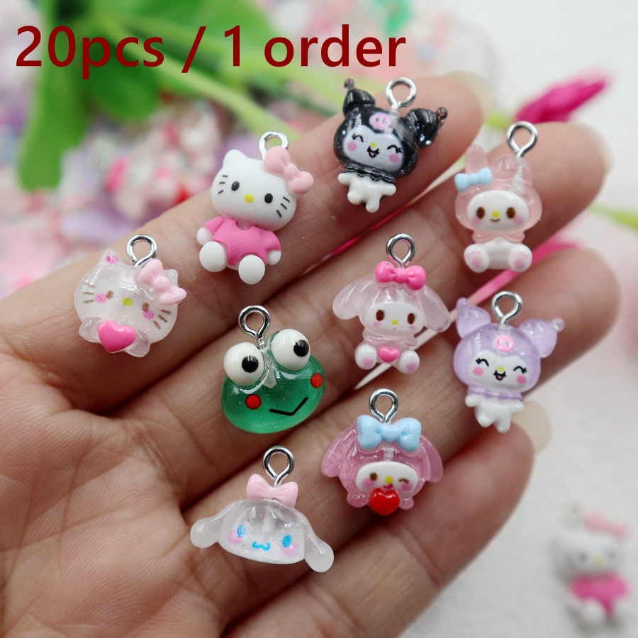 

20PCS Mini Kawaii Cartoon Animal Resin Pendant Kitty Cat Kuromi Cute Hook Charms DIY Bracelet Clothing Bag Keychain Accessories