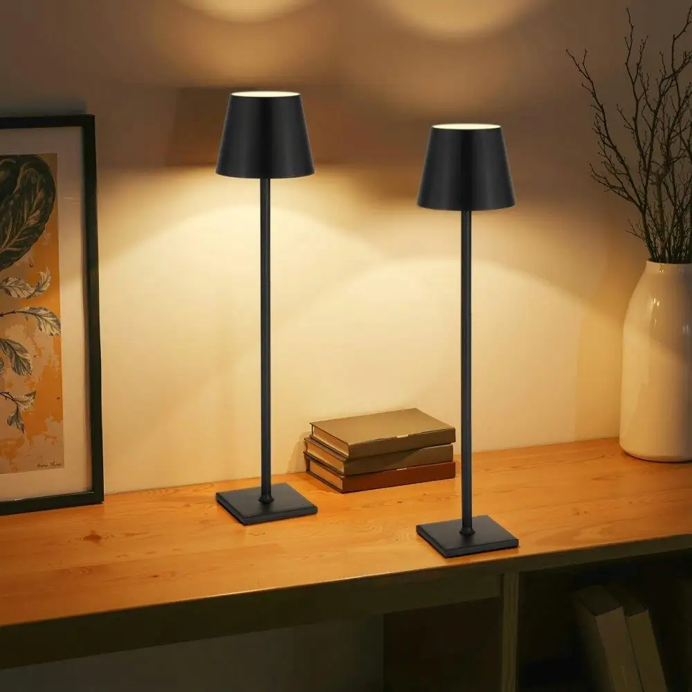

Rechargeable Cordless Table Lamp Set of 2 Adjustable Height Black Battery Powered Desk Light Home Decor