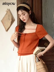 MISHOW Temperament Square Neck Ribbon Knitted T-shirt Women 2024 Summer Short Sleeve Lace-up Top Solid Casual Tees MXD29Z0669