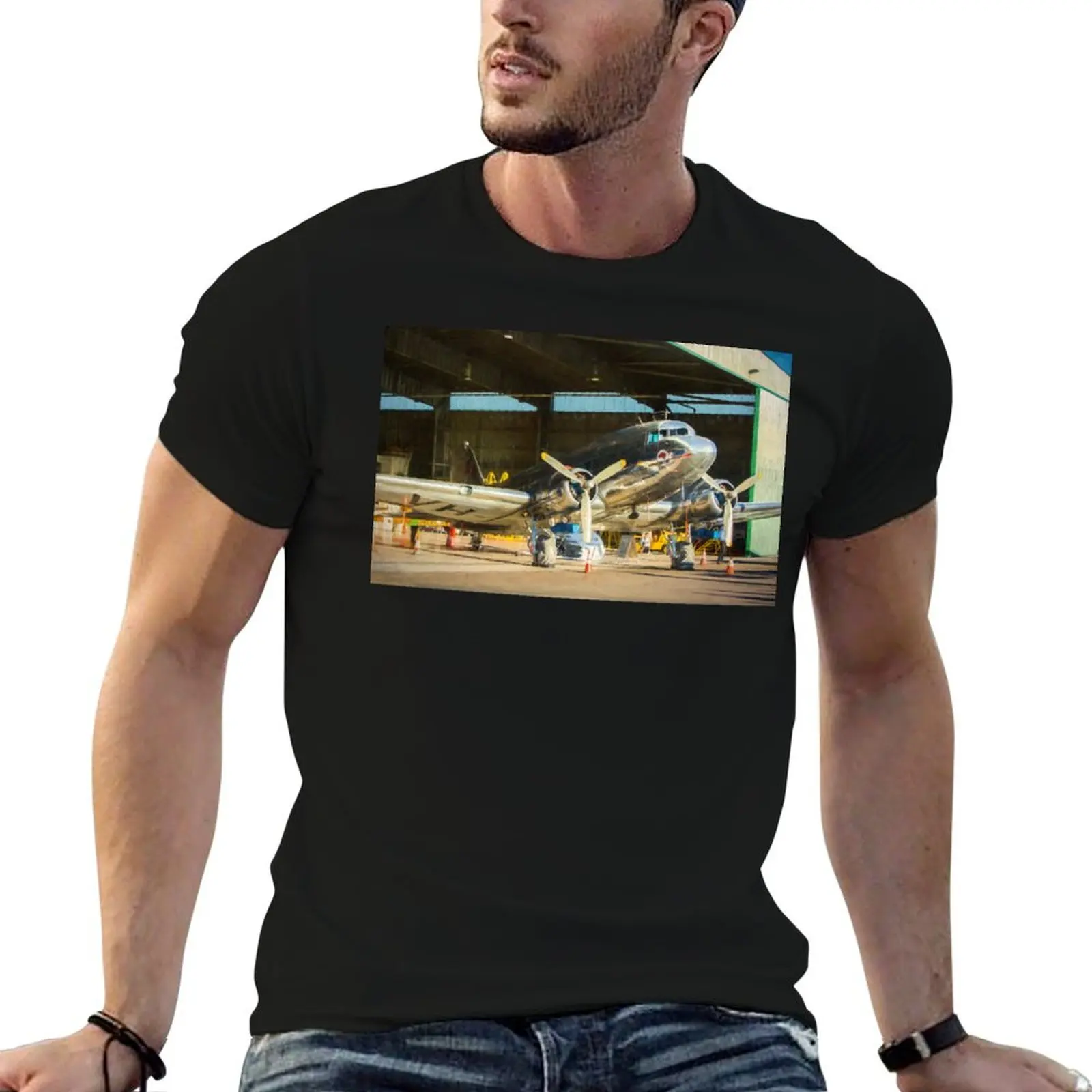 Douglas DC3 in the Hangar T-Shirt Simple Trendy Casual T-Shirt