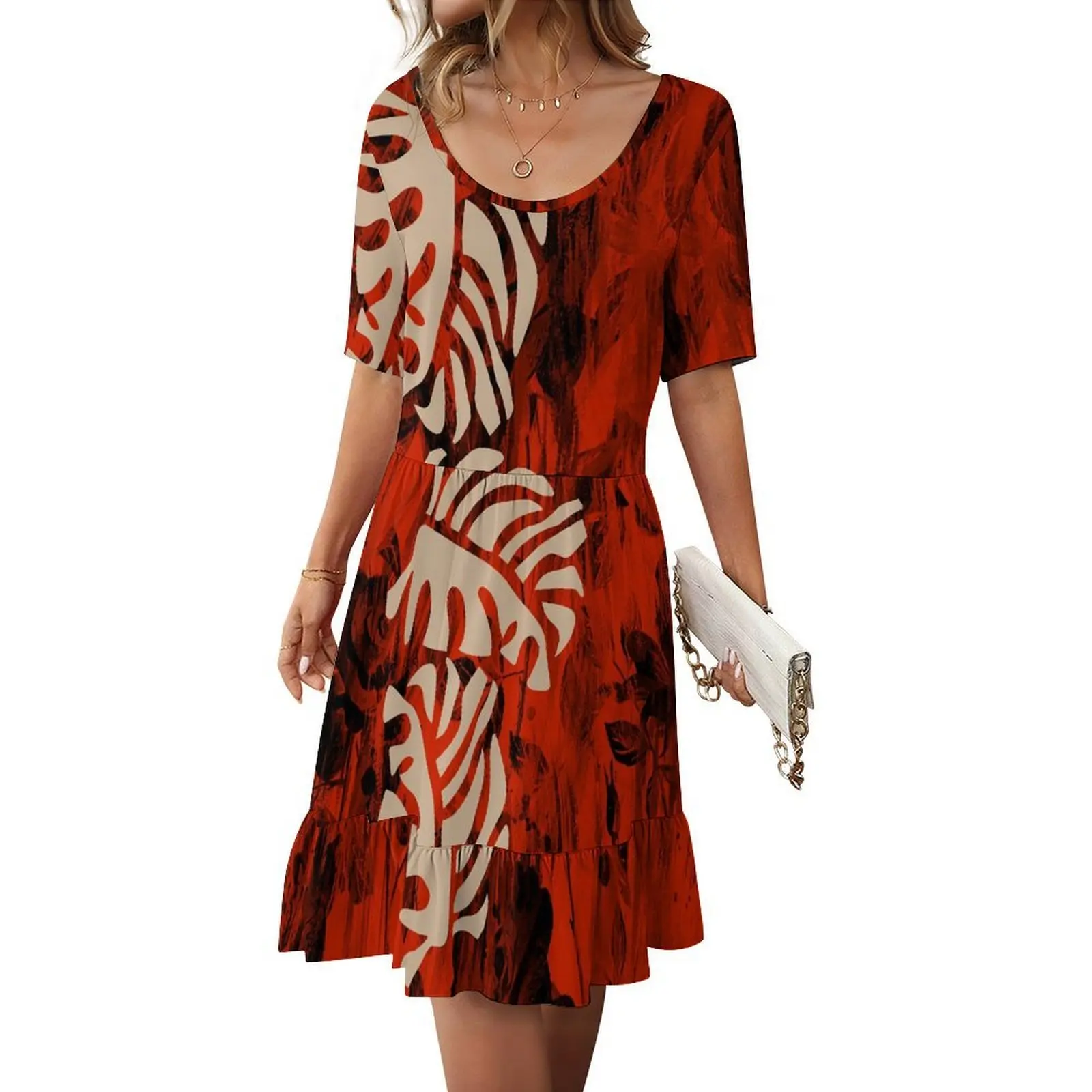 فستان نسائي فضفاض غير رسمي ومريح برقبة دائرية وأكمام قصيرة من القماش الناعم مكشكش مصنوع خصيصًا للبولينيزيا