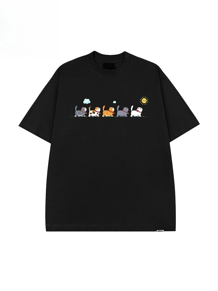 

Fun and Cute Cartoon Cat Print Short-sleeved T-shirt Men's Large Size Loose Cotton Casual Print Men's and Women's Short Sleeves