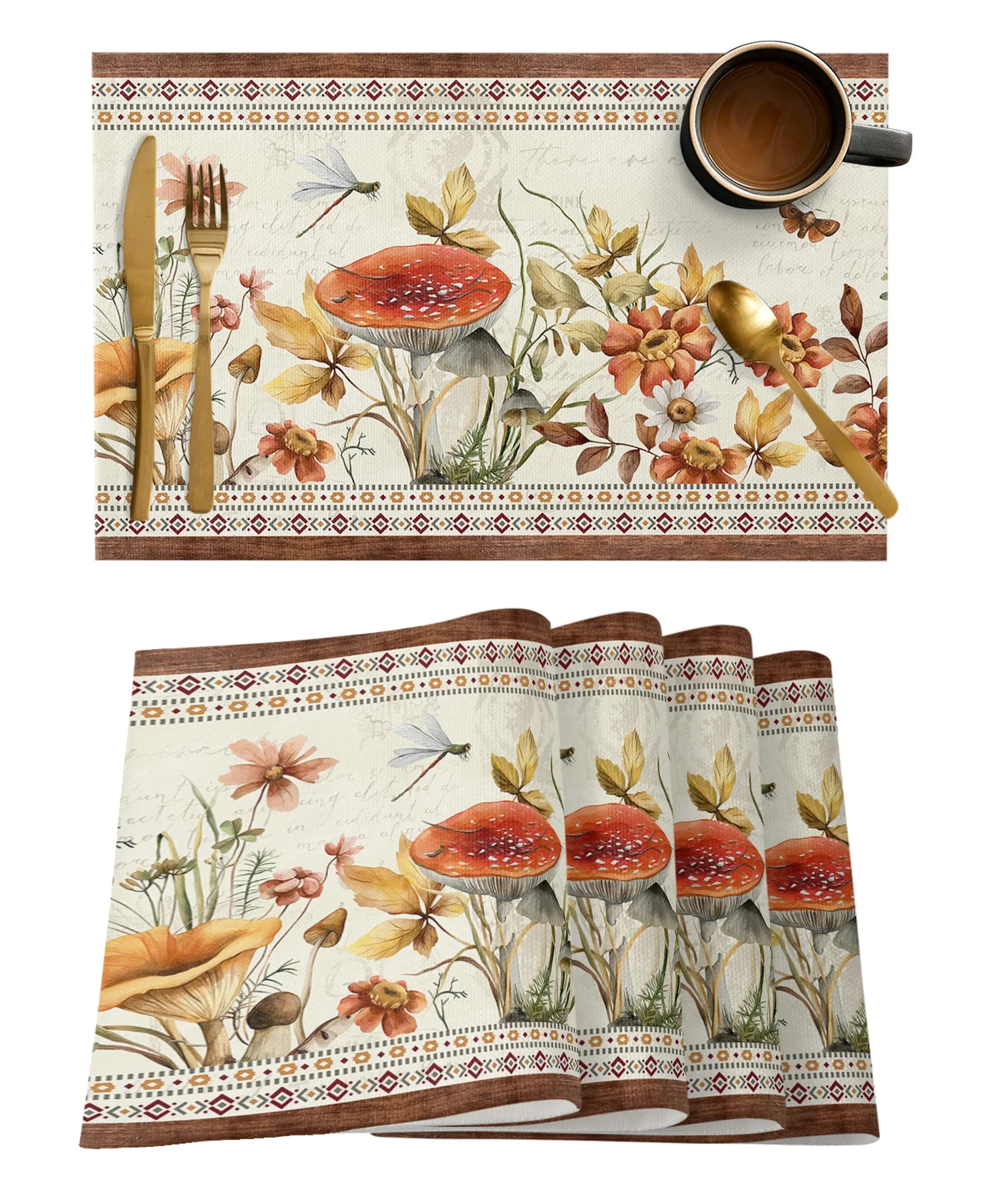 Mushroom Plants Flower American Pastoral Style Placemat Tableware Mats Kitchen Dish Mat Pad 4/6pcs Table Mat Home Decoration