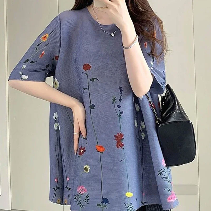 2024 summer pleated top women\'s comfortable casual printed loose T-shirt round neck short sleeved shirt  tops