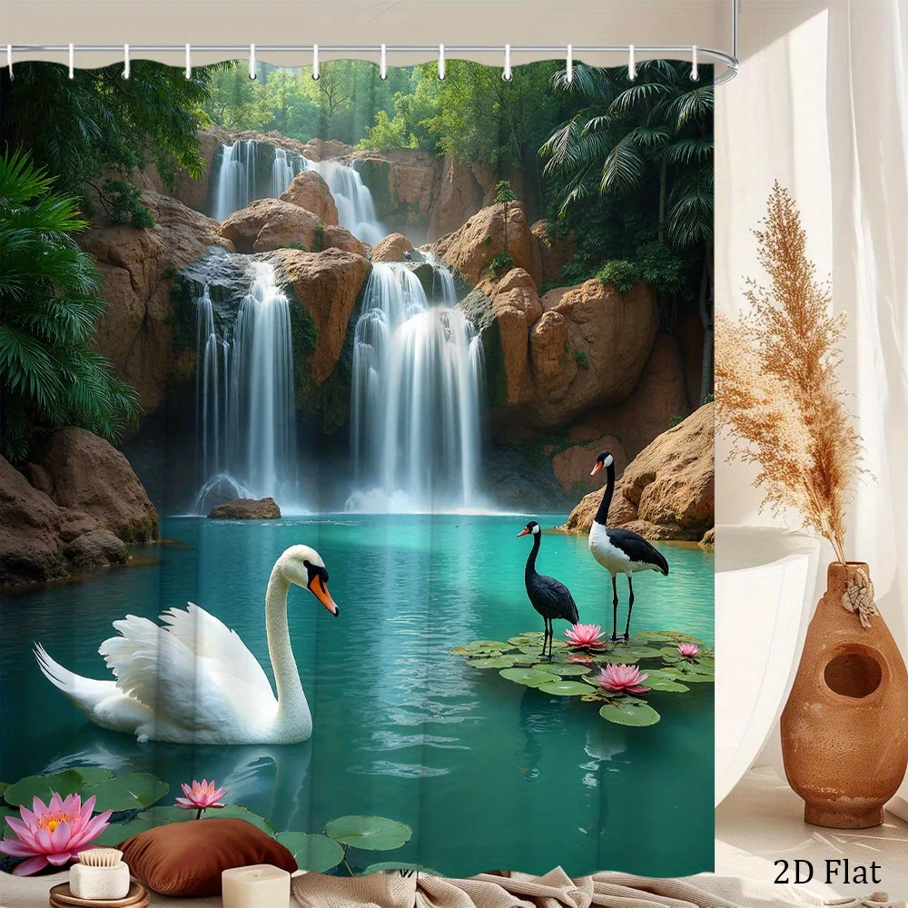 1pc Waterfall Swan Shower Curtain with Multi-Tiered Falls Rugged Rocks Swans Crane Water Lilies Lush Greenery Serene Ambiance 12