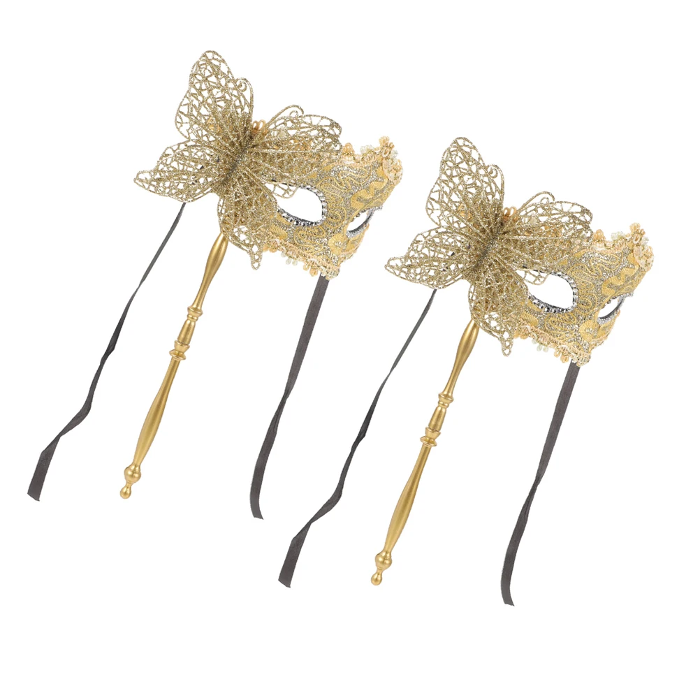 

2 Pcs Mask Costume Party Halloween Carnival Festive Decorative Masks with Holding Stick Gold Masquerade for Women Handheld