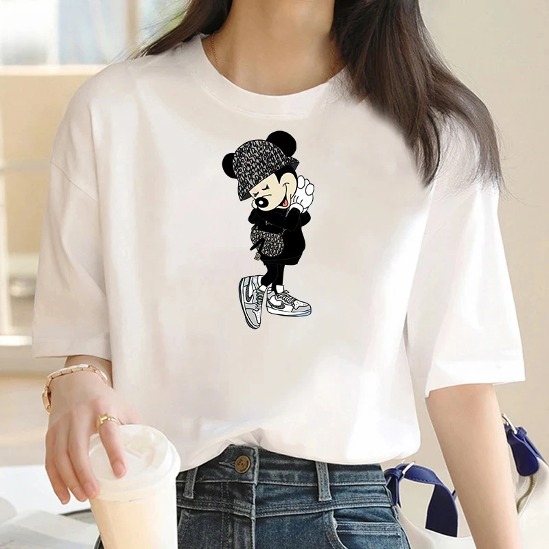 Kreskówka lato moda śliczna Mickey nadruk z myszką odzież t-shirt Disney kobiet bawełniany krótki rękaw wzór t-shirt kobiet