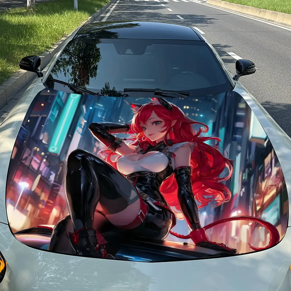 

Neon Metropolis Red Cat Girl Car Vinyl Wrap, PVC Material Waterproof Car Hood Sticker, Self-Adhesive Scratch-Resistant Stickers