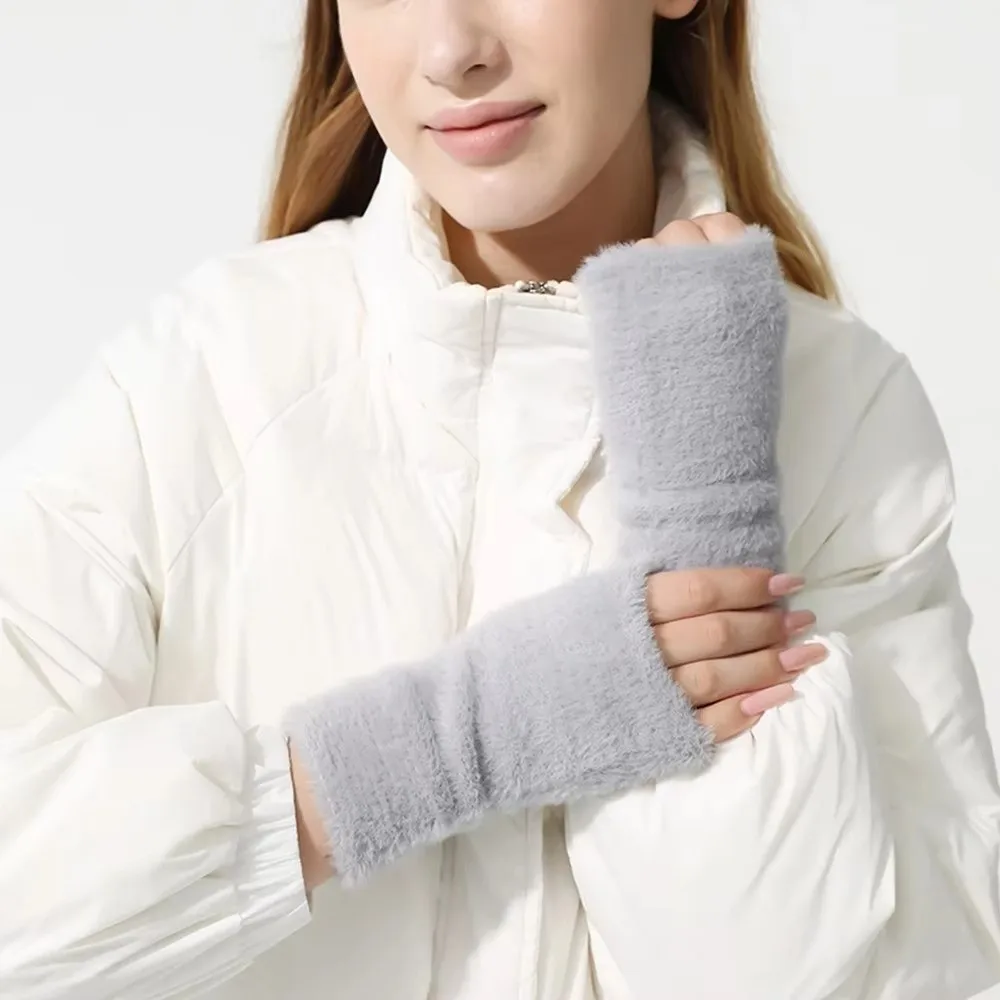 Protable Faux Fur Knitted Gloves Thick Exposed Finger Gloves Windproof Cold Proof Warm Fingerless Gloves for Women Girl