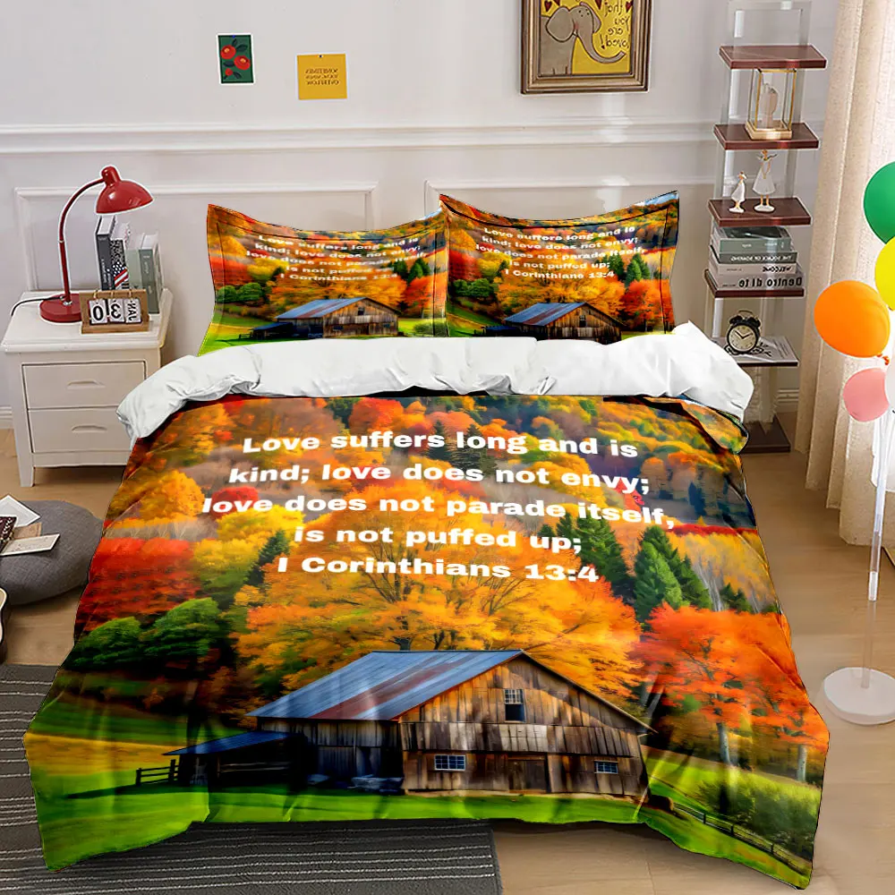 3Pcs Autumn Barn Fall Forest Bible Verse Bedding Set, Love Scripture Scenery Print Duvet Cover 2 Pillowcases King Queen, Gift