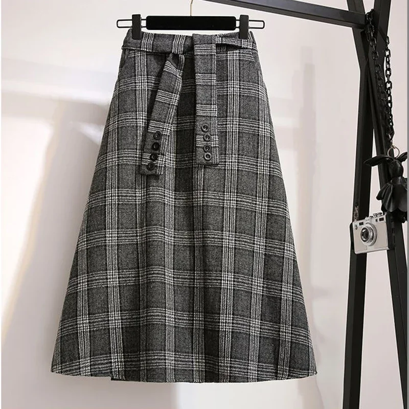 Korean Woolen Plaid Skirt Women 2024 Autumn Winter Vintage Elastic High Waist Skirt Woman with Belt A-Line Slim Fit Long Skirts