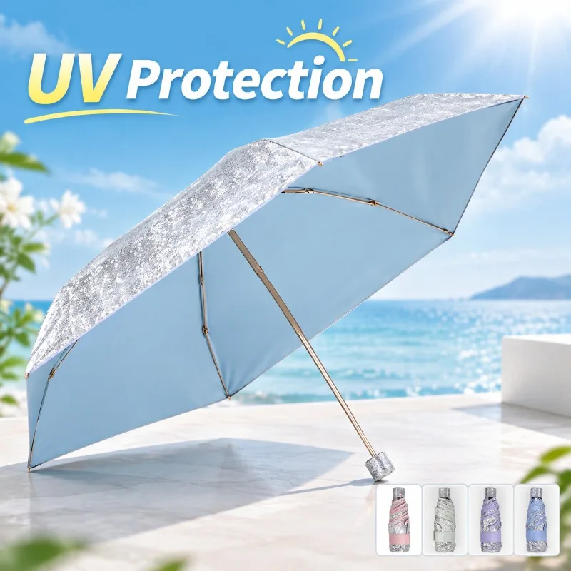 5-Fold Titanium Silver Coating Mini Pocket Umbrella, Portable Folding Sun Rain Dual Use Parasol with UV Protection Windproof for
