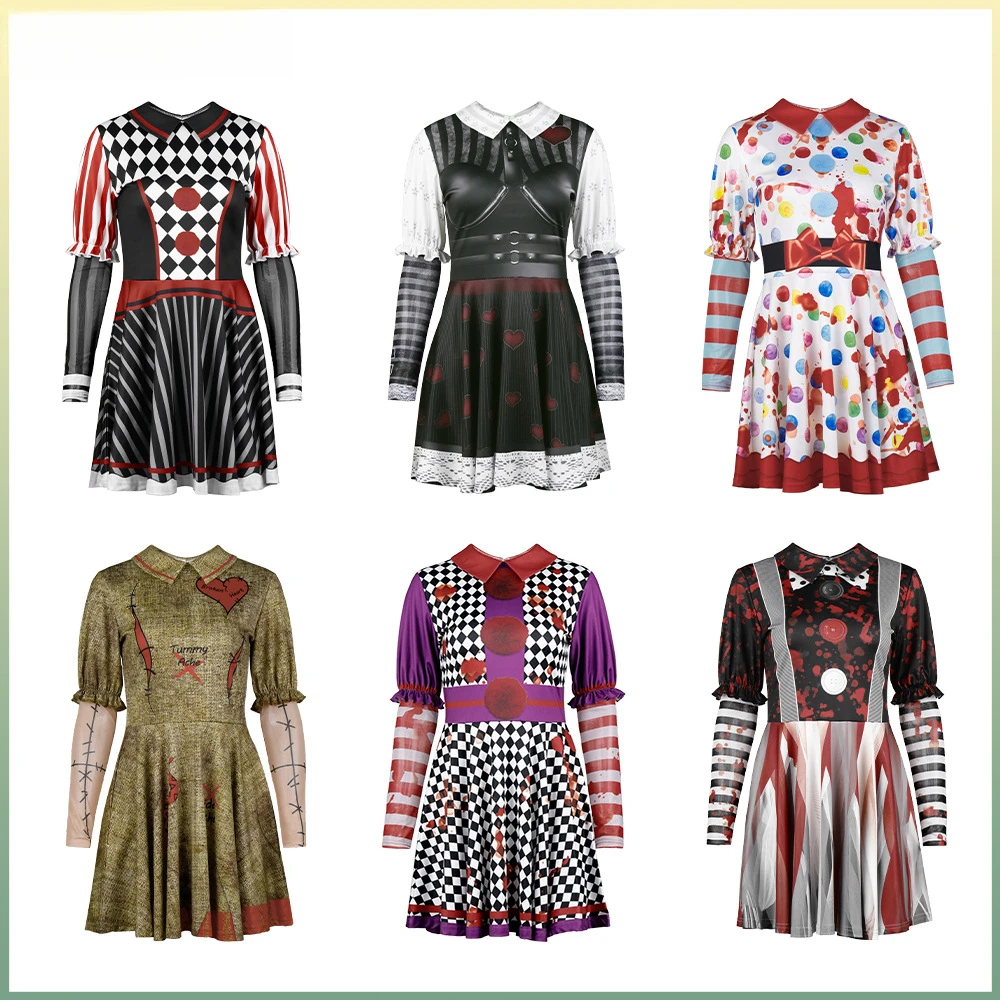 

New Halloween Cosplay Costume Clown Eureka Pirate Print Long Sleeve Dresses Horror Themed Party Role Playing Outfit Female