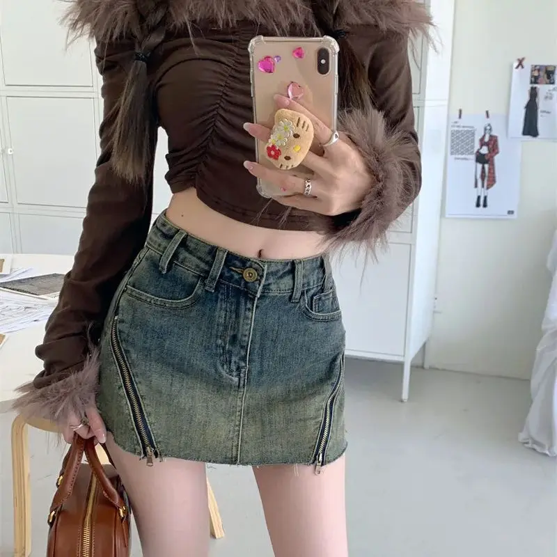 Hsa Designed zipper washed denim skirt for women 2024 spring high-waisted A-line skirt anti-exposure short skirt Culottes