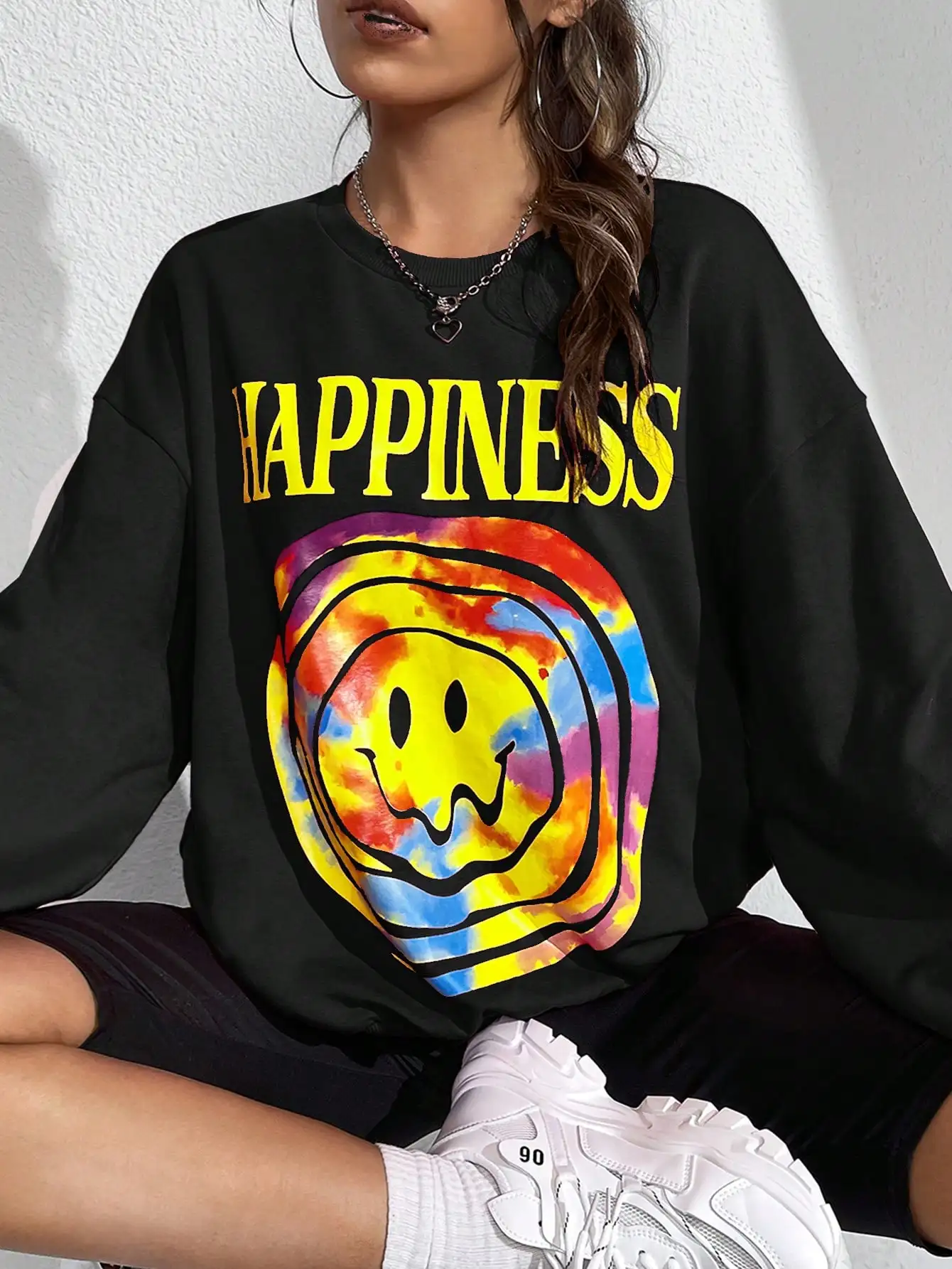 

Happiness Creativity Happy Face Print Female Sweatshirts Vintage Funny O-Neck Hoodies Fashion Casual Long Sleeves Women Clothing