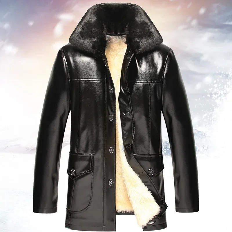 2024 Mens Jacket Winter Plus Velvet Thick Jacket Male Middle-aged Leather Men's Fur Collar Detachable Men Clothing 4XL