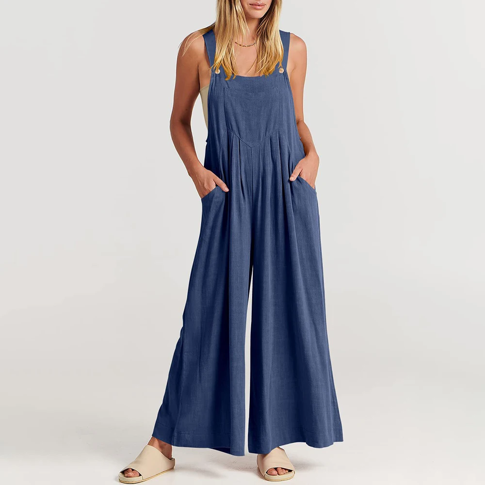 

Casual Sleeveless Wide Leg Overalls for Women Linen Bib Jumpsuit with Pockets Summer Beach Vacation Loose Baggy One Piece Outfit