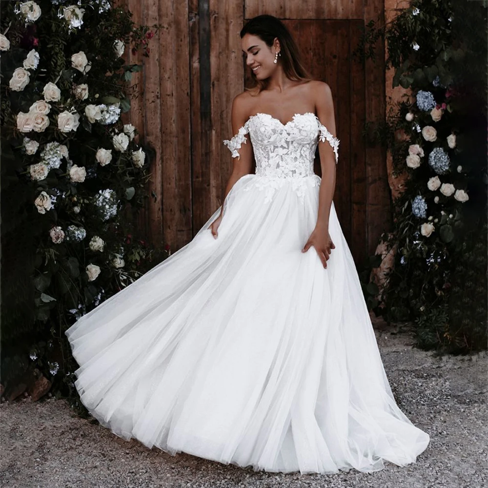 Weilinsha-Robes de mariée Boho, appliques en dentelle, col en cœur, ligne A, tulle, long, quel que soit le balayage, train, mariée, 2022