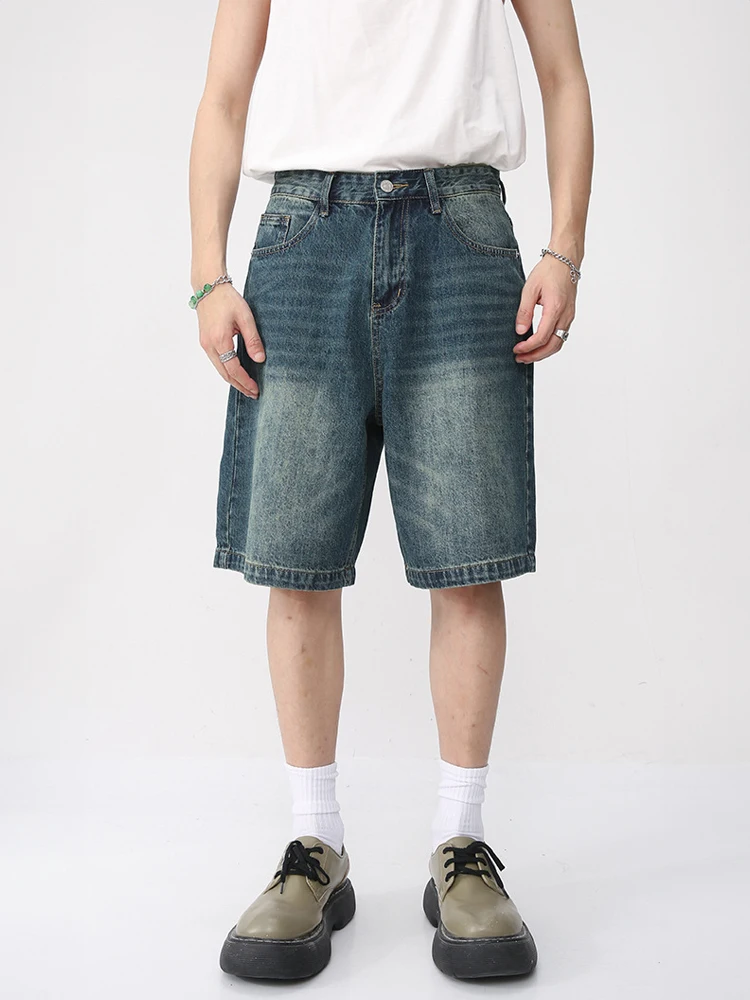 

Men's Harajuku Retro Blue Knee Length Jeans Men Fashion Casual Summer Washed Denim Bermuda Short Loose Wide Leg Pants Streetwear