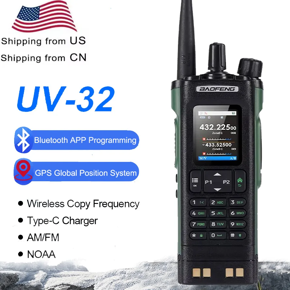 

New BAOFENG UV-32 10W Bluetooth Programming Radio Multi Band Walkie Talkie with GPS Wireless Copy Frequency Type-C Two Way Radio