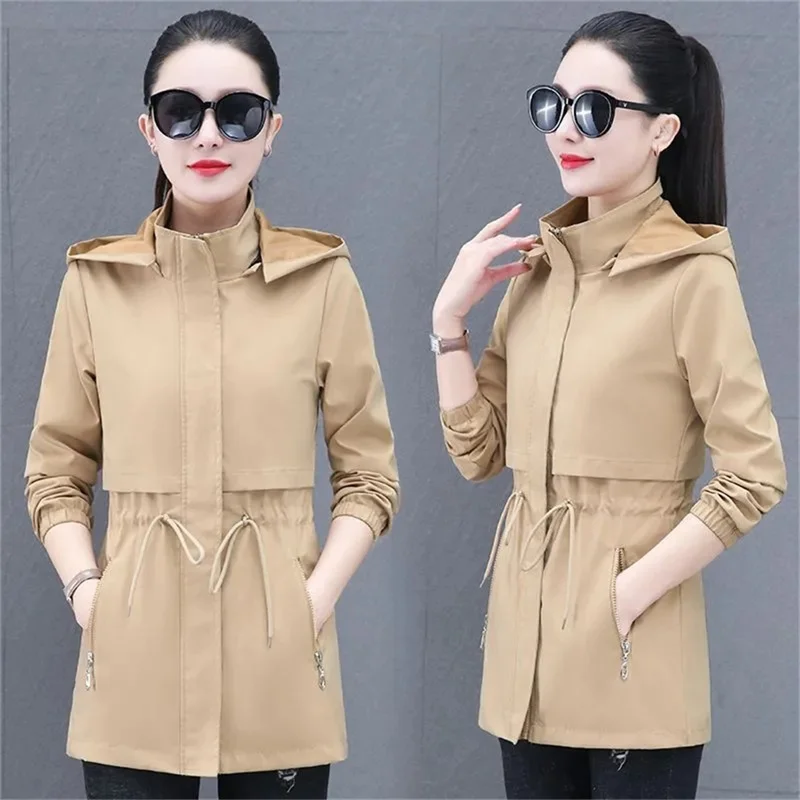 

Lining Have Pocket Trench Coat Women's Spring And Autumn Mid-Long Coat Women's Fashionable Printed outerwear Hooded Basic Coat