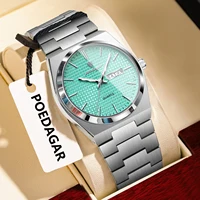 POEDAGAR, reloj de negocios superior para hombre, reloj de pulsera luminoso resistente al agua de acero inoxidable para hombre, relojes casuales de moda de cuarzo con fecha y semana para hombre
