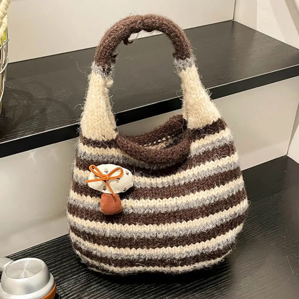 

Casual Japanese Style Little Mushroom Handbag Striped Creative Knitted Wrist Bag Retro Color-Block Wool Bucket Bag Student