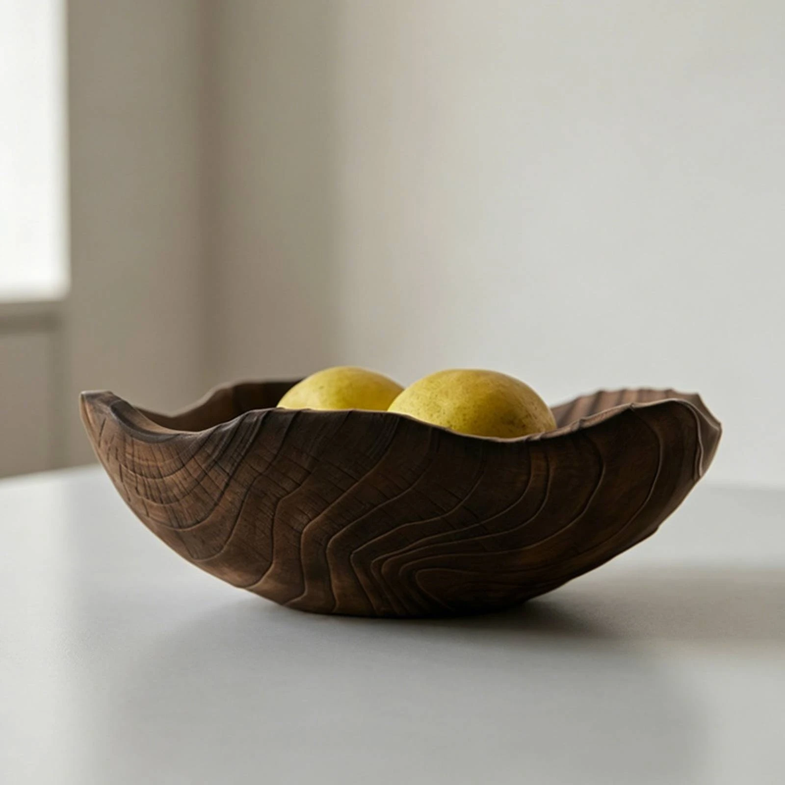 Decorative Bowl Carved Bowl with Wavy Rim Catchall Artisanal Centerpiece Grooved for Coffee Table, Entryway